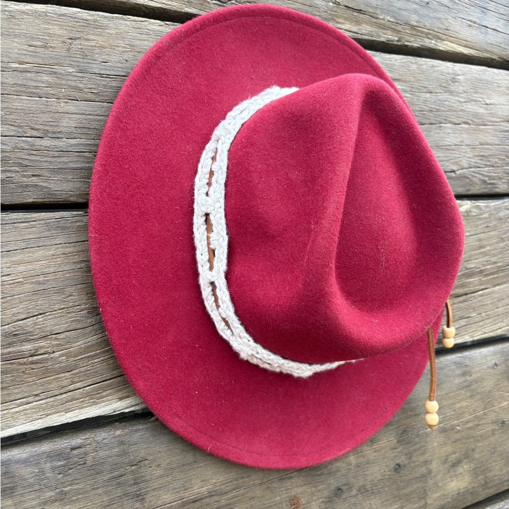 Red Wool Wide Brim Hat with Boho Band - Picture 3 of 9